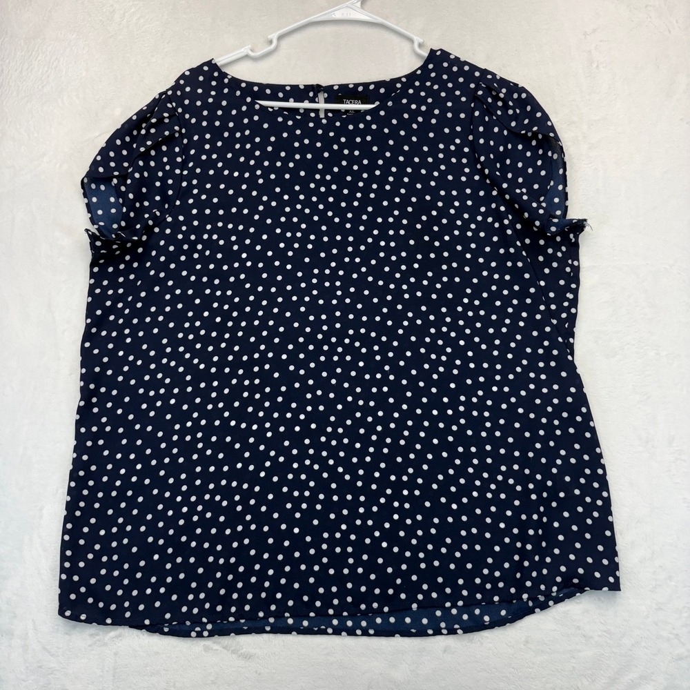 Tacera Navy Blue White Polka Dot Flutter Sleeve Blouse XL 6636C-401